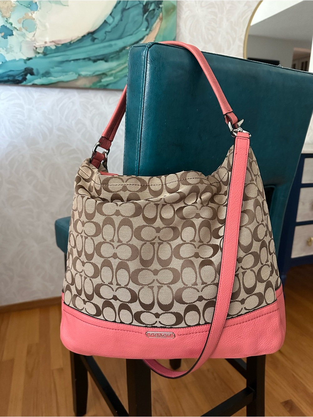 Coach Canvas and Pink Leather Shoulder Bag